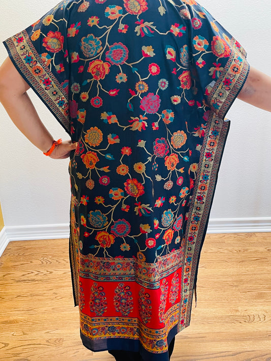 Navy Blue & Red Silk Kimono