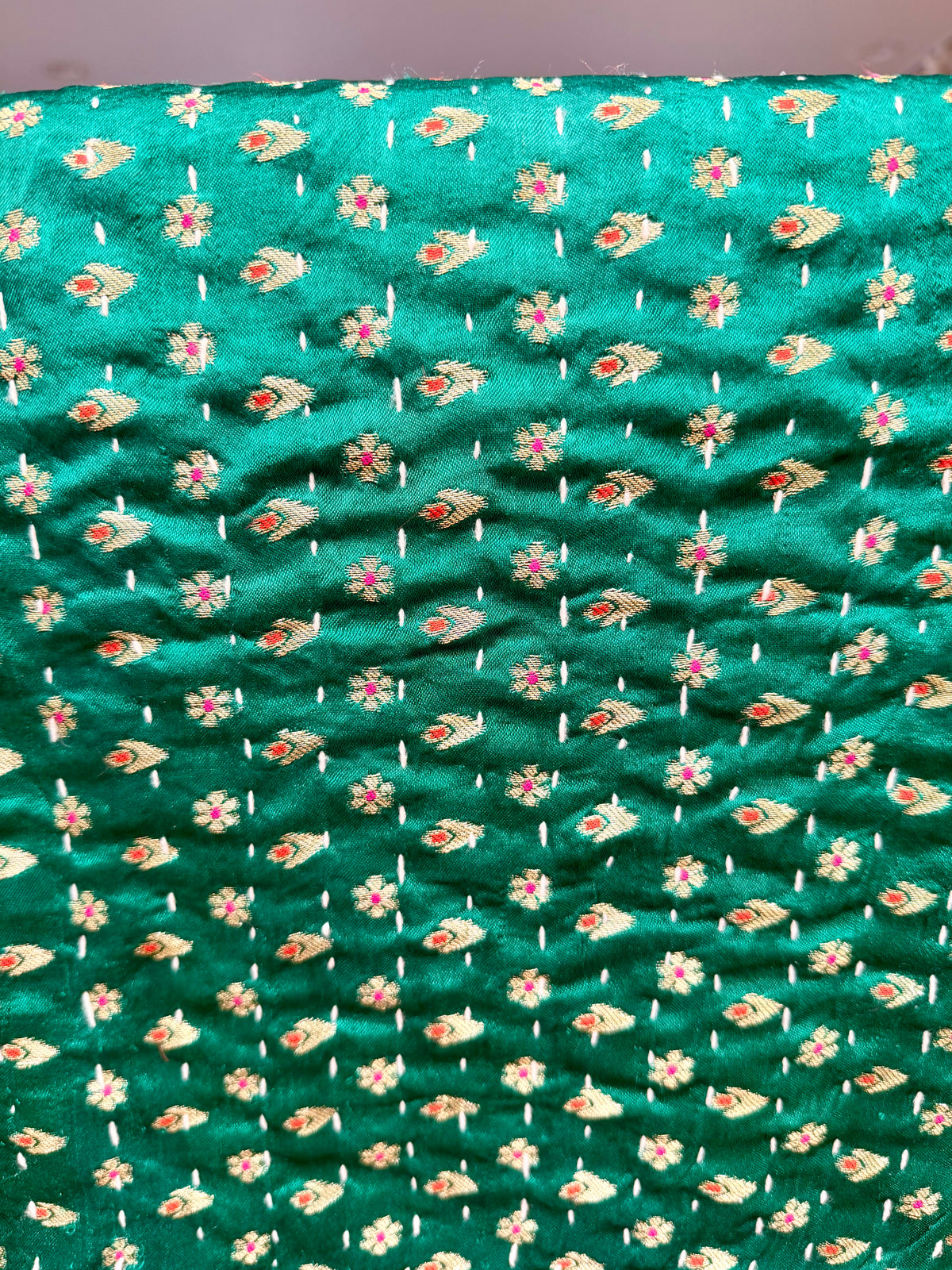 Flowers and Stars Silk Saree Kantha Throw