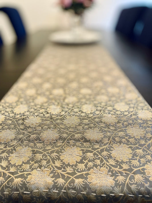Floral Vines Kantha Hand-Stitched Table Runner