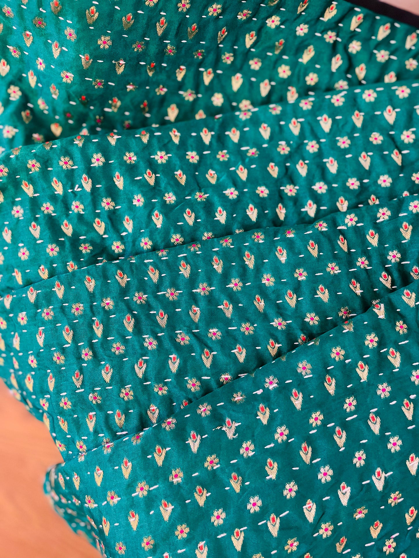 Flowers and Stars Silk Saree Kantha Throw