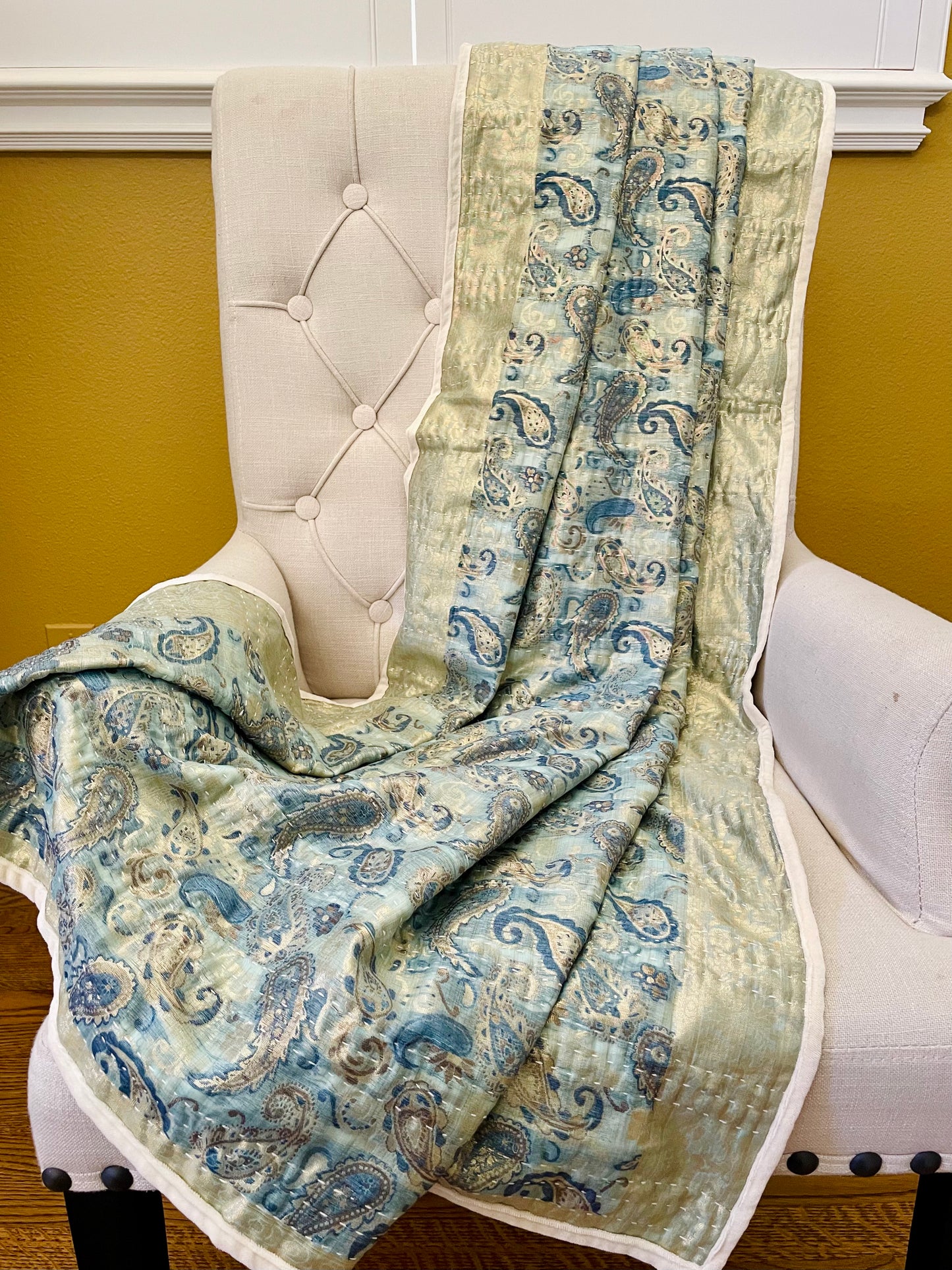 Paisley Silk Saree Throw – Kantha Hand Stitched