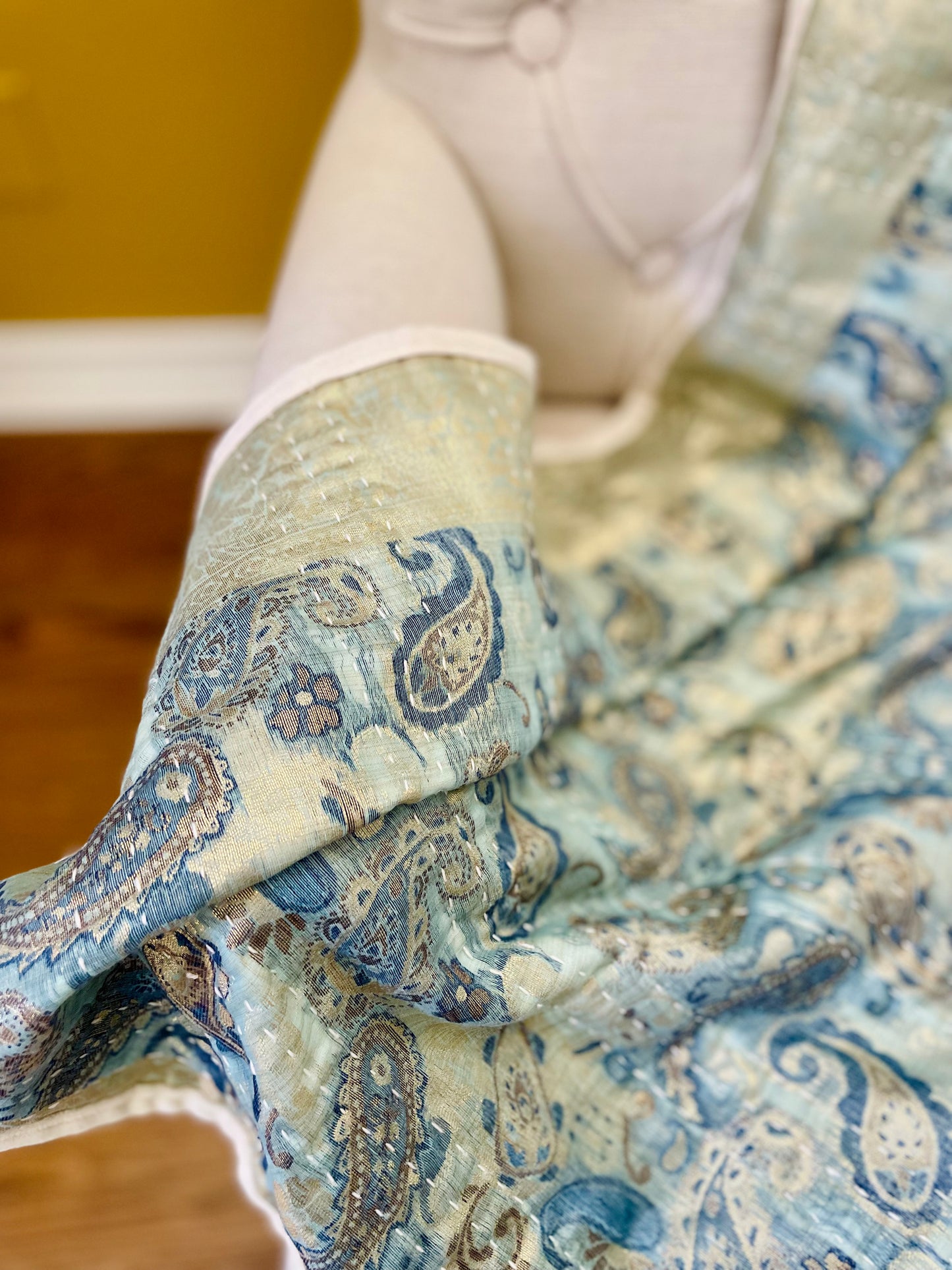 Paisley Silk Saree Throw – Kantha Hand Stitched