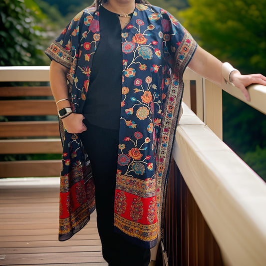 Navy Blue & Red Silk Kimono