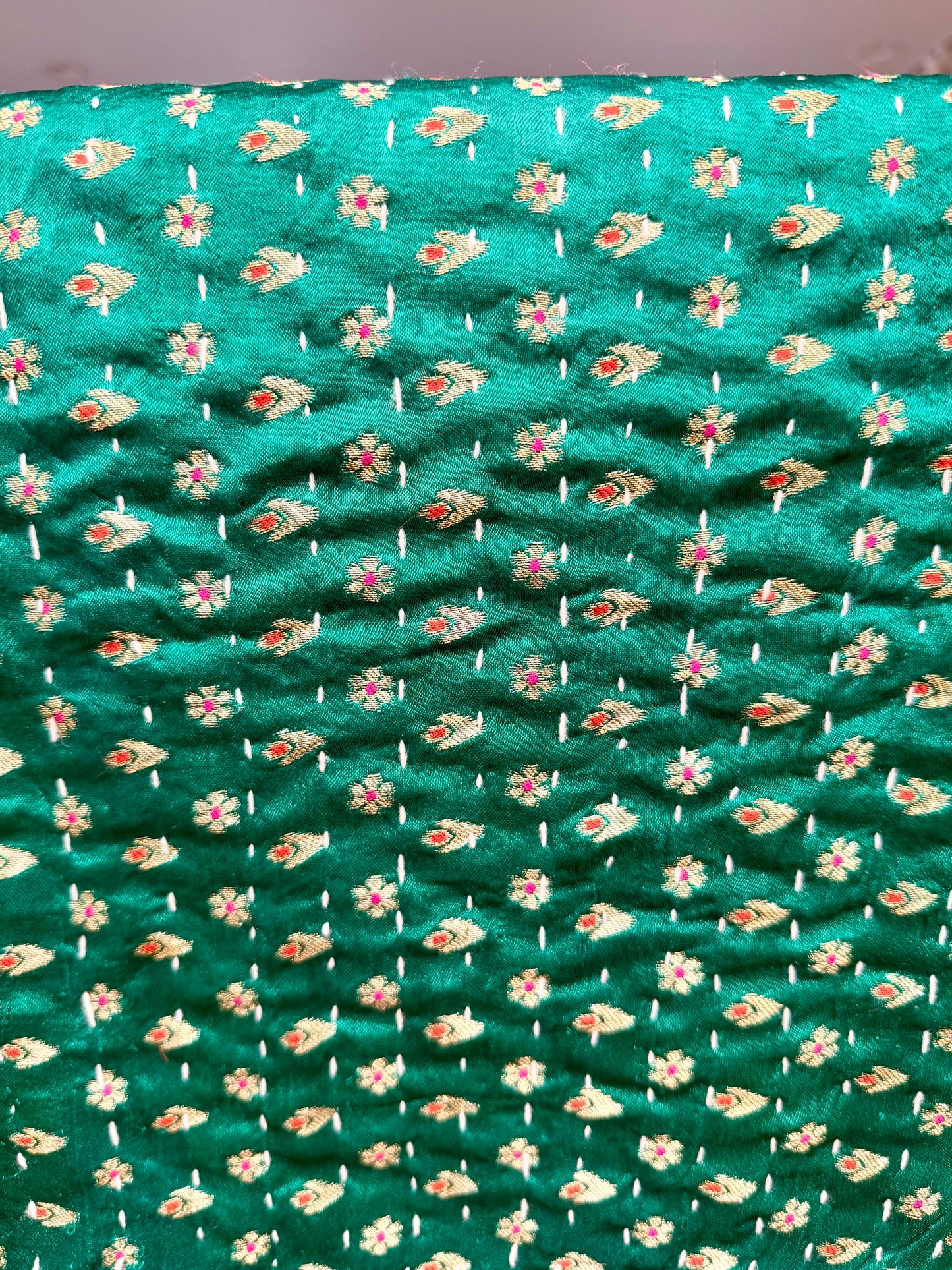 Flowers and Stars Silk Saree Kantha Throw