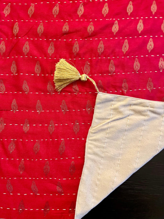 Red Petals Kantha Hand-Stitched Table Runner