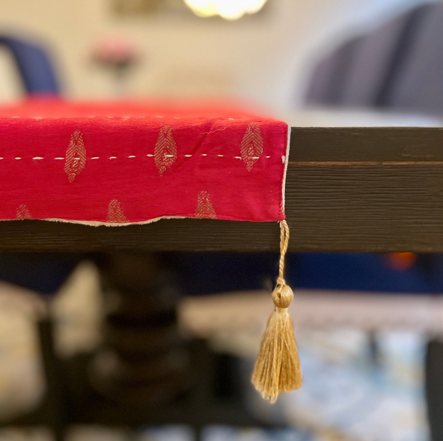 Red Petals Kantha Hand-Stitched Table Runner