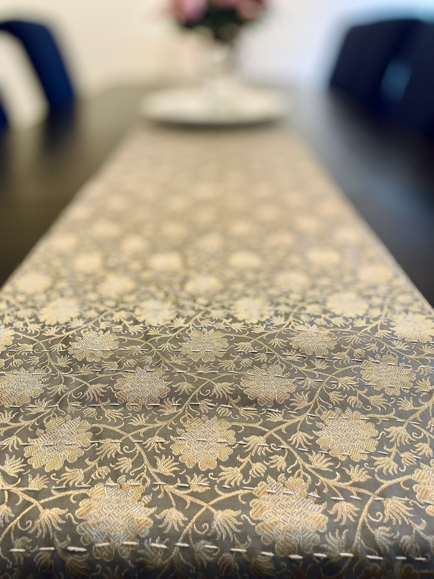 Floral Vines Kantha Hand-Stitched Table Runner