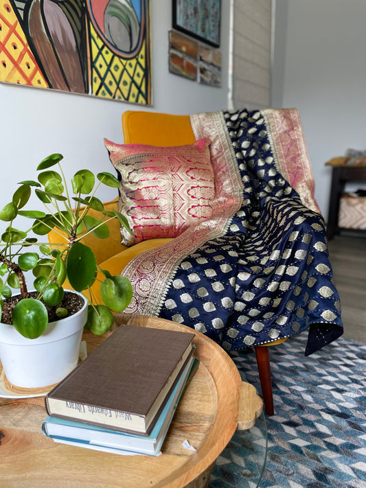 Navy Blue with Fuchsia Border Silk Saree Throw