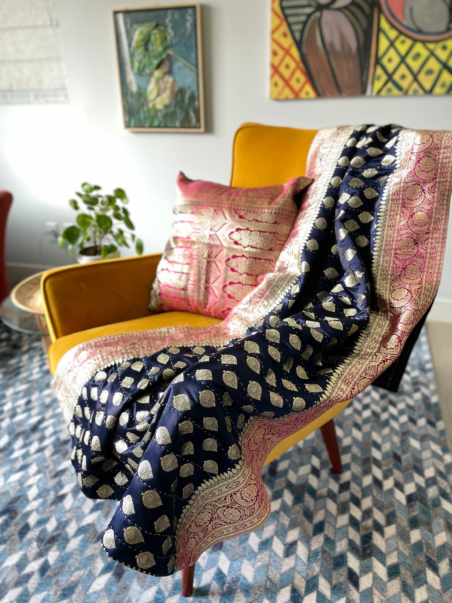 Navy Blue with Fuchsia Border Silk Saree Throw