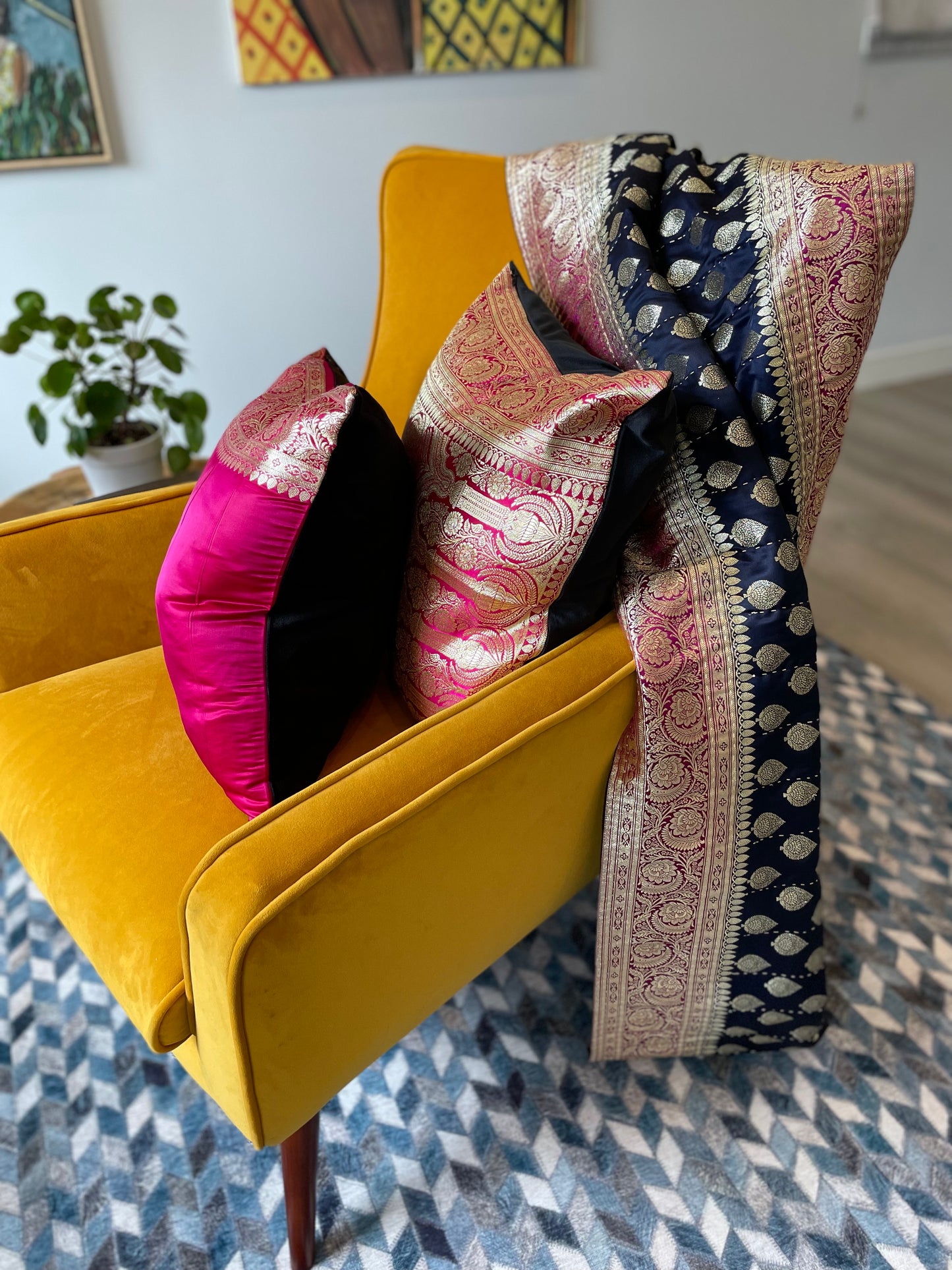 Navy Blue with Fuchsia Border Silk Saree Throw
