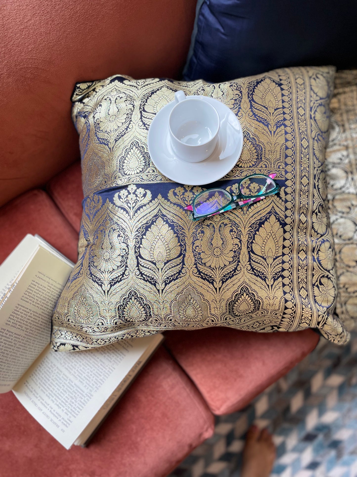 Dark Blue with Gold Silk Saree Throw