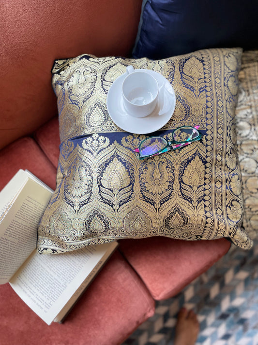 Dark Blue with Gold Silk Saree Throw