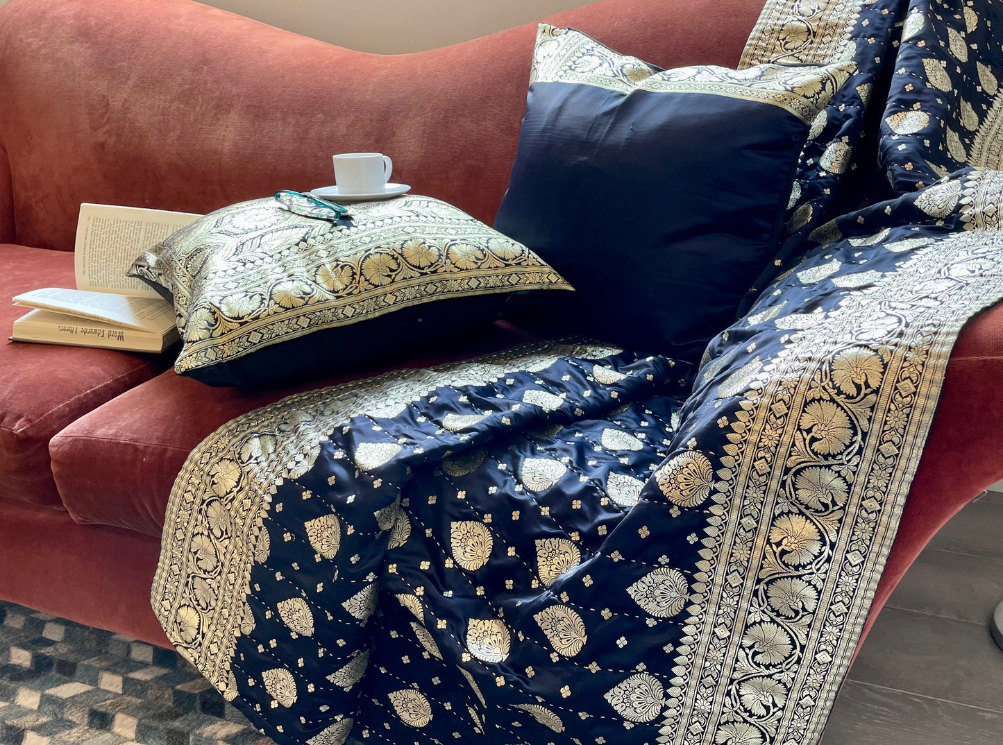 Dark Blue with Gold Silk Saree Throw