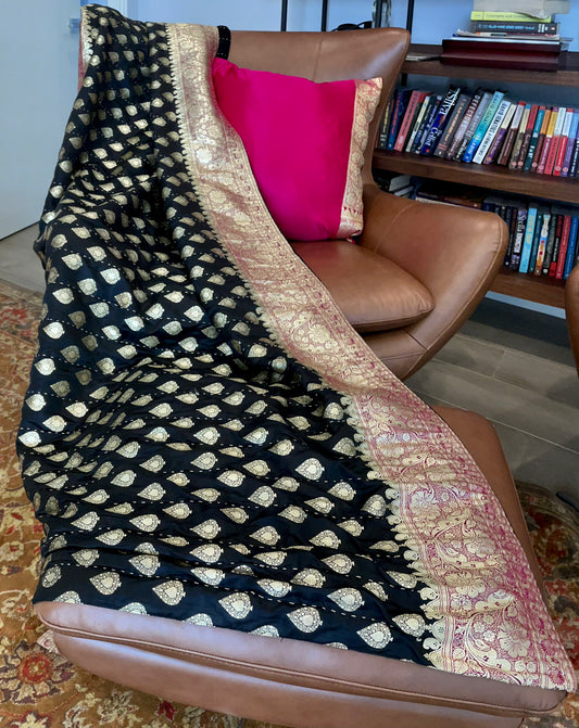 Black with Fuchsia Border Silk Saree Throw