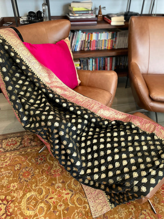 Black with Fuchsia Border Silk Saree Throw