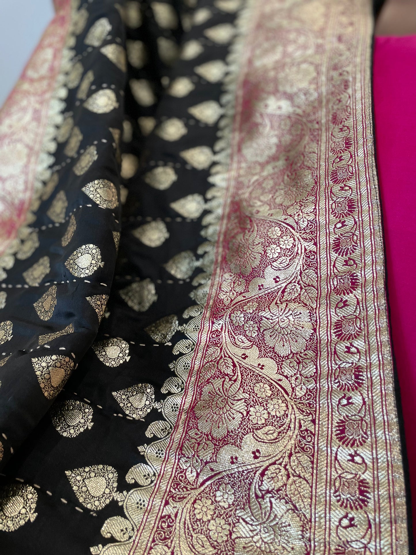 Black with Fuchsia Border Silk Saree Throw