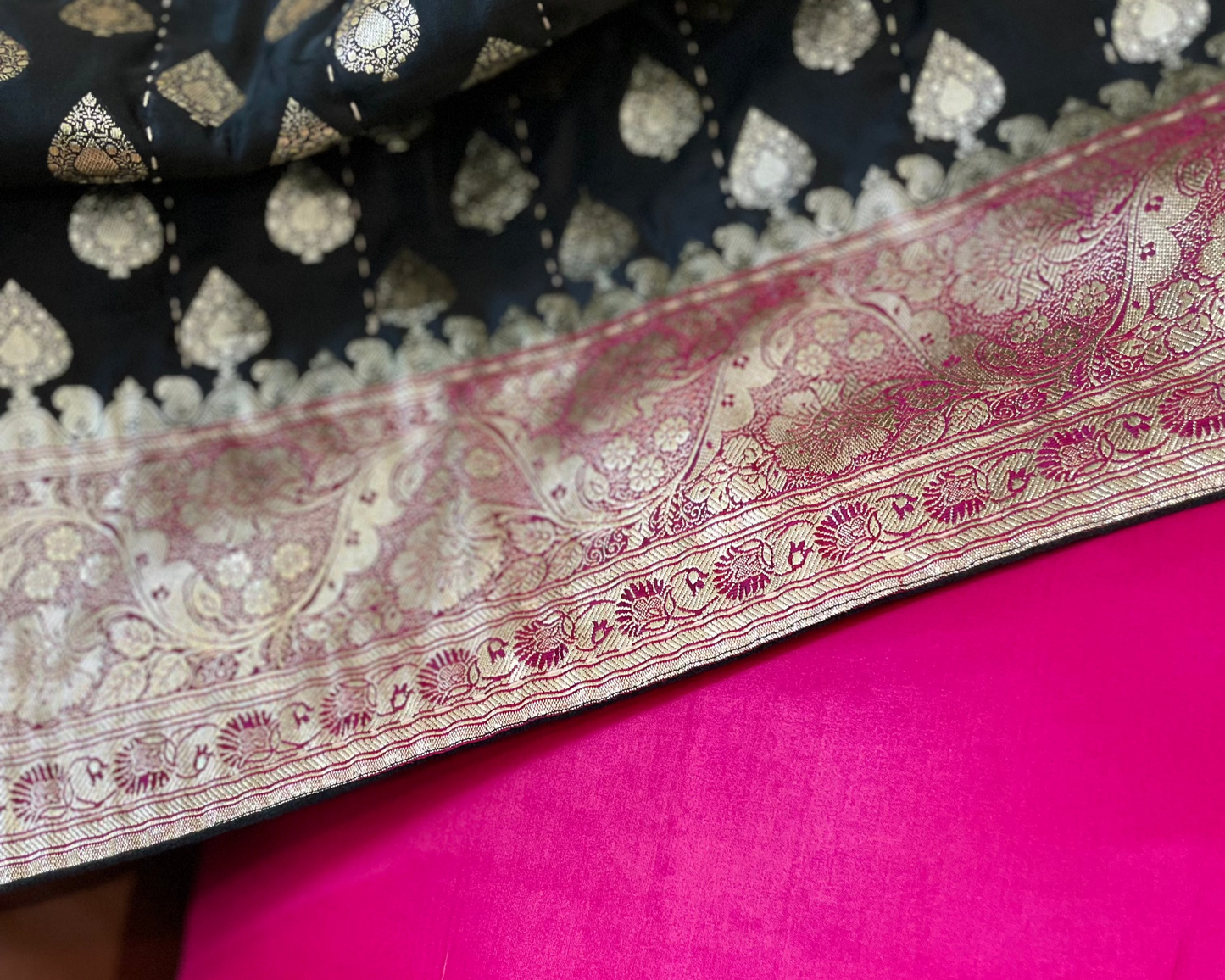 Black with Fuchsia Border Silk Saree Throw