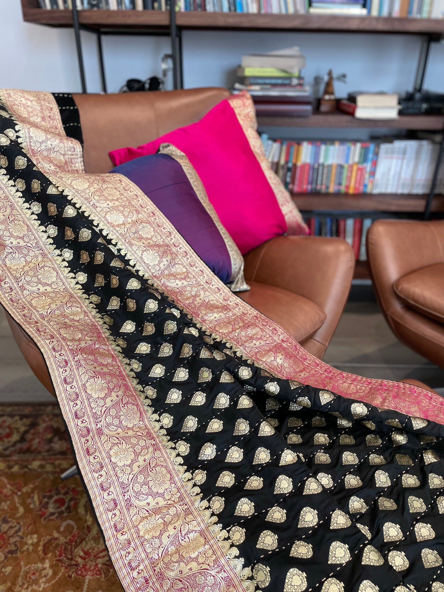 Black with Fuchsia Border Silk Saree Throw