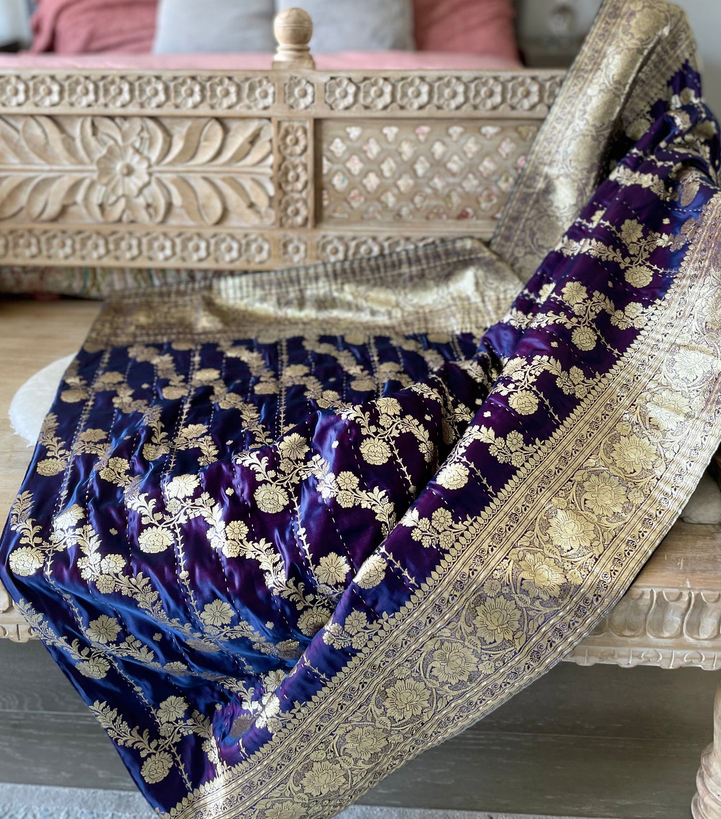 Eggplant and Blue Silk Saree Throw