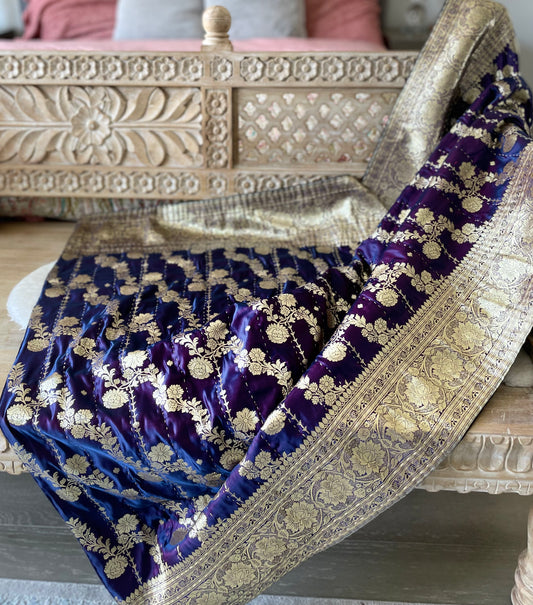 Eggplant and Blue Silk Saree Throw