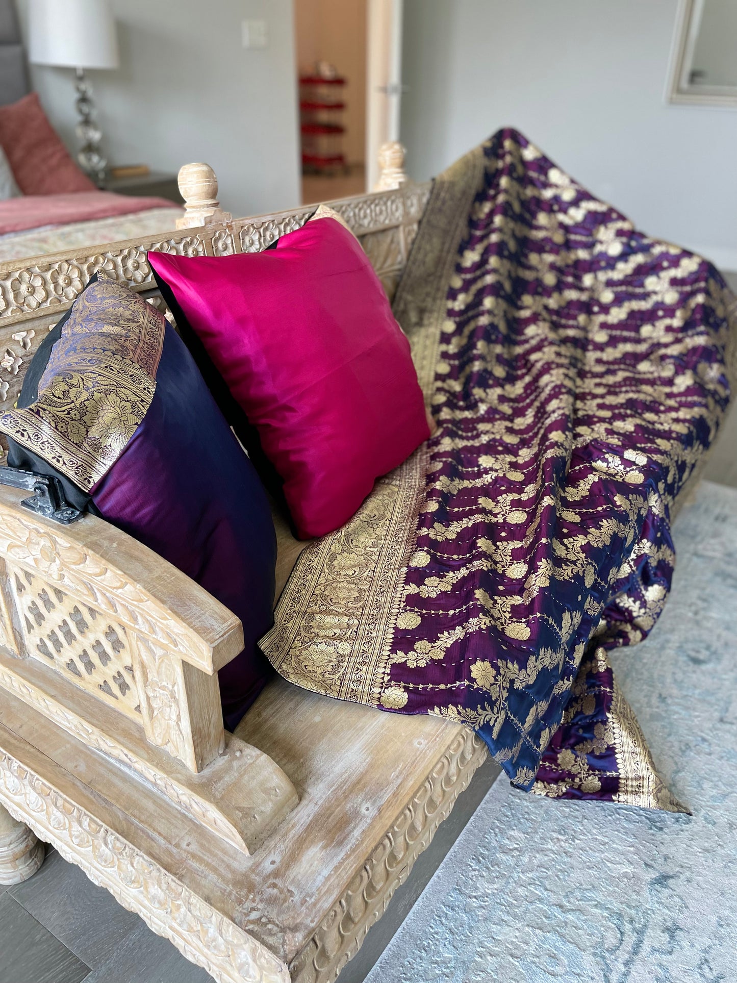 Eggplant and Blue Silk Saree Throw