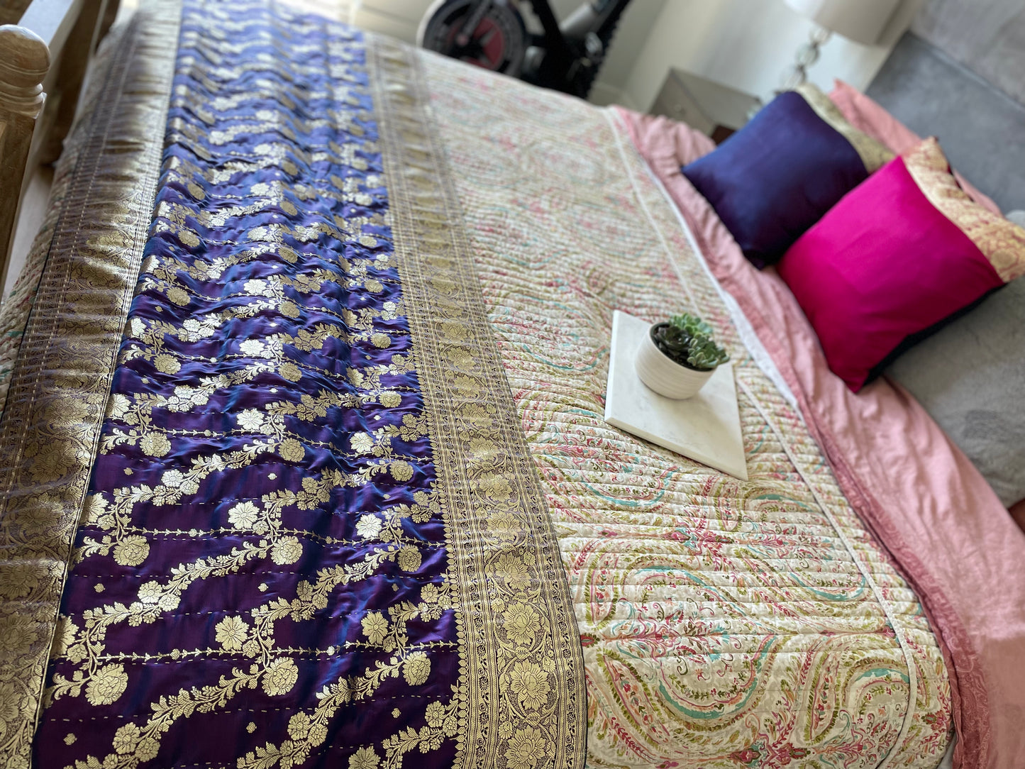 Eggplant and Blue Silk Saree Throw