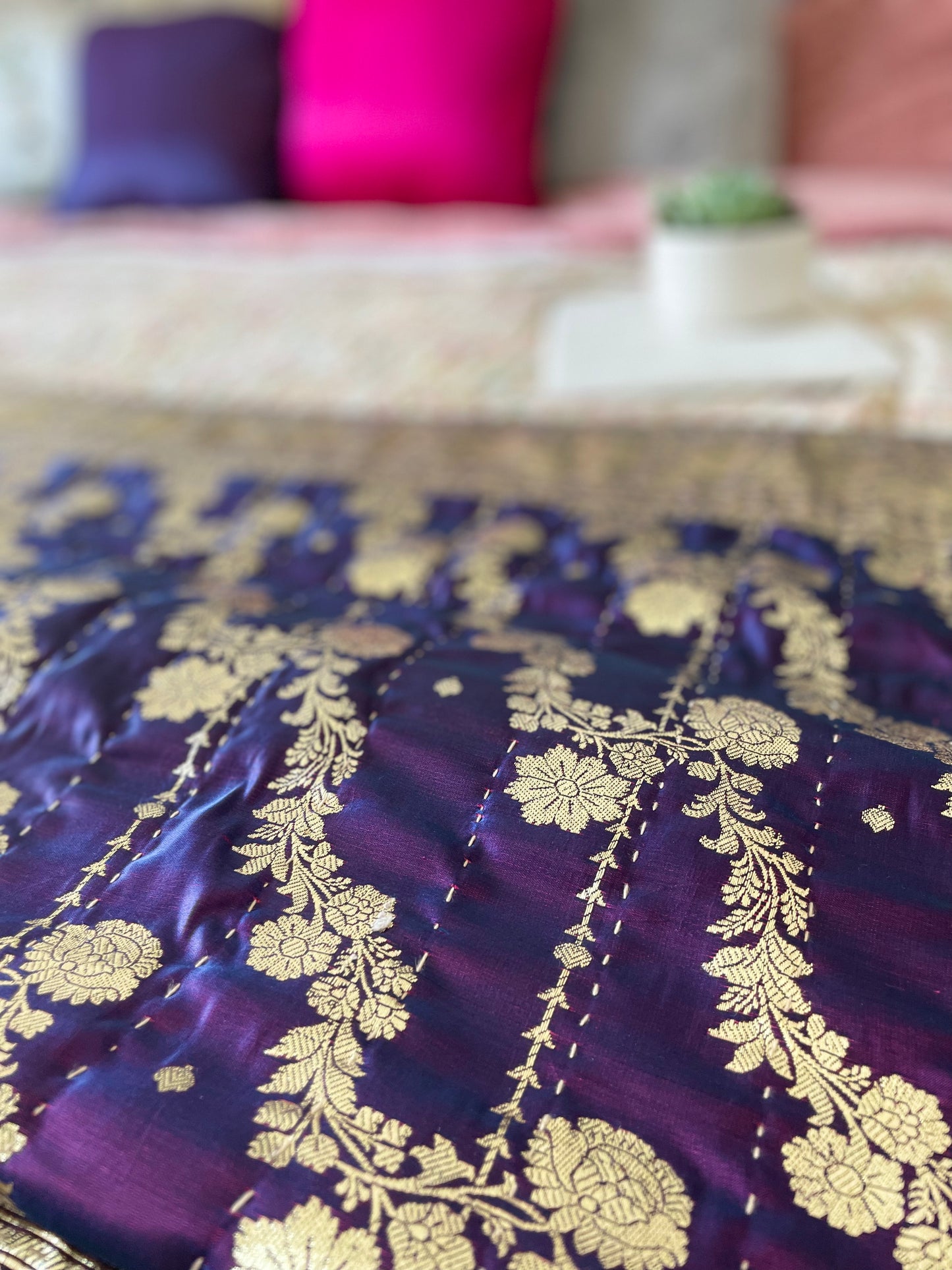 Eggplant and Blue Silk Saree Throw